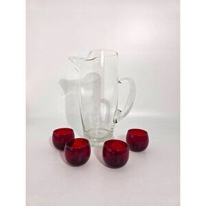 Large Vintage Clear Glass Pitcher With Handle & 4 Red Glass Cups For Drinks